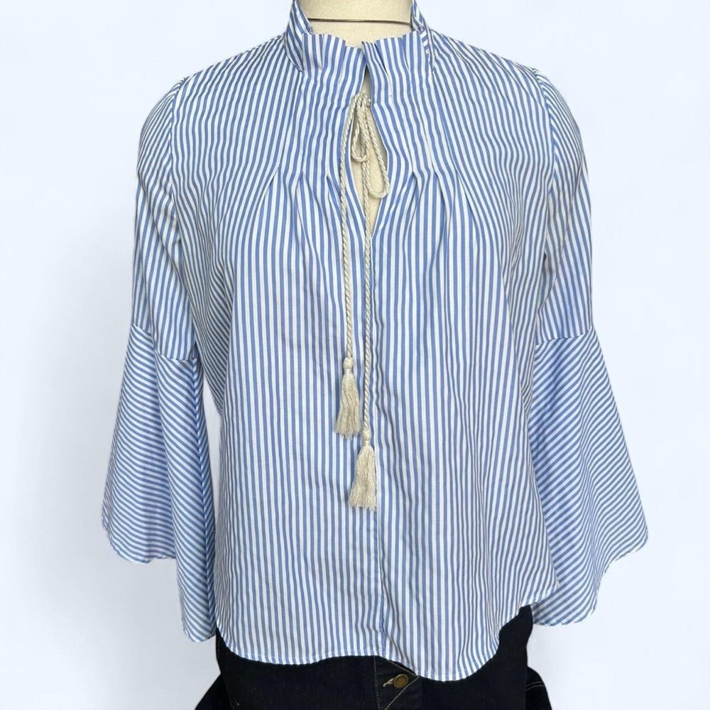 Blue and white striped blouse with tassel detail size M